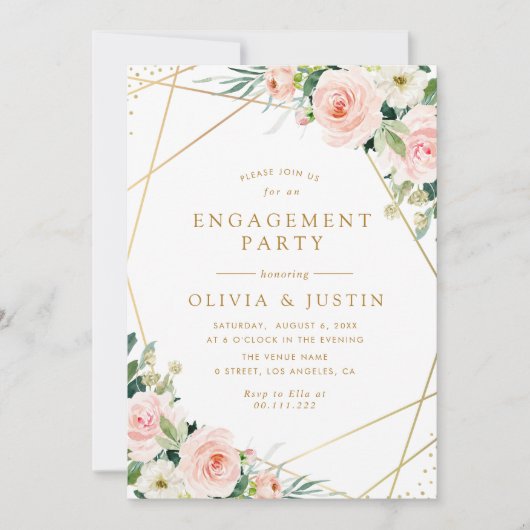 Geometrisch goud roze blush bloemenverlovingsfeest kaart (Voorkant)