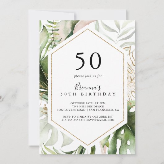 Geometrisch Goud Tropisch Groen 50ste Verjaardagsf Kaart (Voorkant)