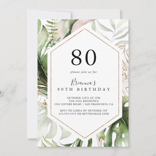 Geometrisch Goud Tropisch Groen 80ste Verjaardagsf Kaart (Voorkant)