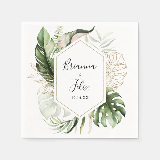 Geometrisch Goud Tropisch groen Bruiloft Servet (Voorkant)