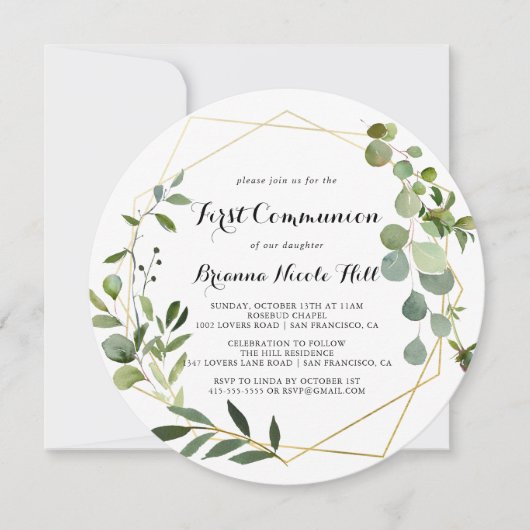Geometrisch Goud Tropisch Groen Eerste Communie Kaart (Voorkant)