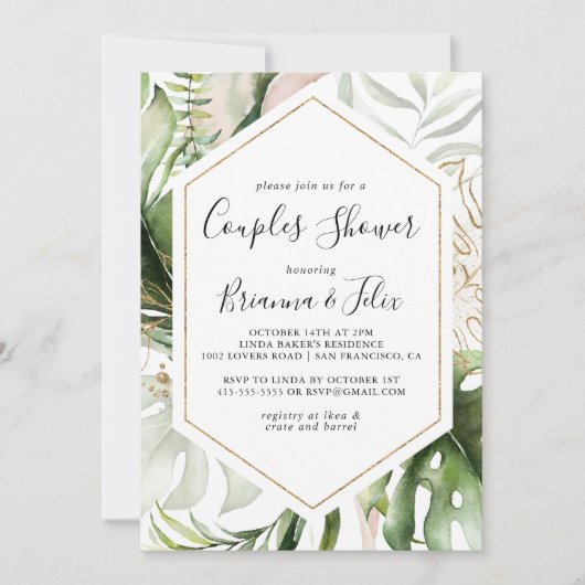 Geometrisch goud tropisch groen koppels douche kaart (Voorkant)