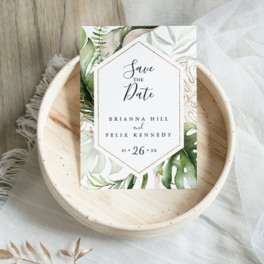 Geometrisch Goud Tropisch groen Sla de datum op Briefkaart