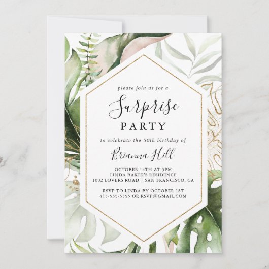 Geometrisch Goud Tropisch Groen Verrassingsfeest Kaart (Voorkant)