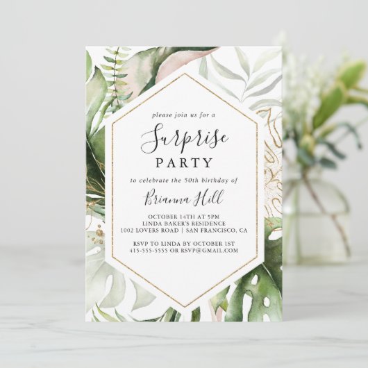 Geometrisch Goud Tropisch Groen Verrassingsfeest Kaart (Staand voorkant)