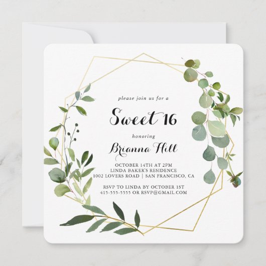 Geometrisch Goud Tropisch Lief 16 Verjaardagsfeest Kaart (Voorkant)