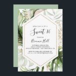 Geometrisch Goud Tropisch Lief 16 Verjaardagsfeest Kaart<br><div class="desc">Deze geometrische gouden tropische zoete 16 verjaardagsfeestuitnodiging is perfect voor een moderne verjaardag. Het ontwerp is voorzien van handbeschilderde waterverf gouden en groene palm- en bananenbladeren met roze bloemetjes gebundeld in boeketten,  die een geometrisch lijst versieren.</div>