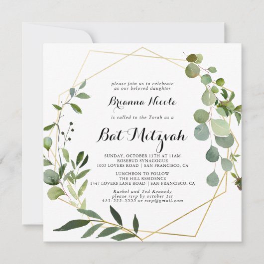 Geometrisch Goud Tropische Kalligrafie Bat Mitzvah Kaart (Voorkant)