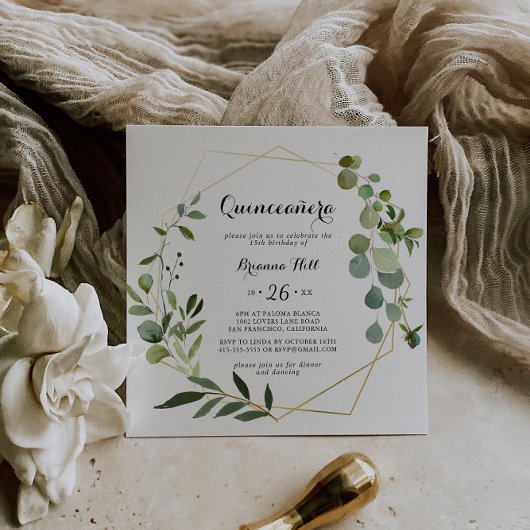 Geometrisch goud Tropische kalligrafie Quinceañera Kaart