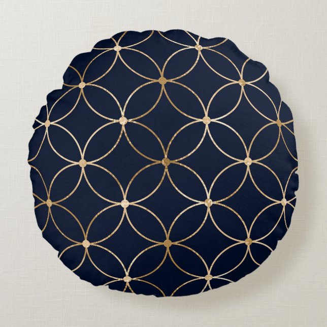  Geometrisch: Goudblauw Abstract Rond Kussen (Voorkant)