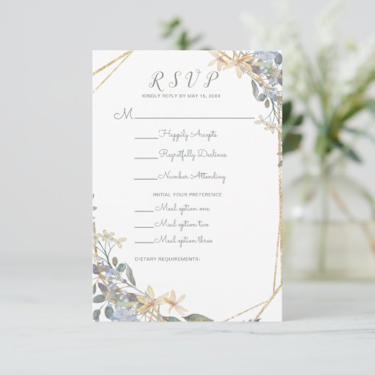 Geometrisch goudblauw oraal RSVP Kaartje (Staand voorkant)