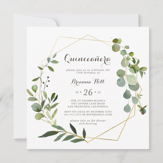 Geometrisch goudbruin groen Eucalyptus Quinceañera Kaart (Voorkant)