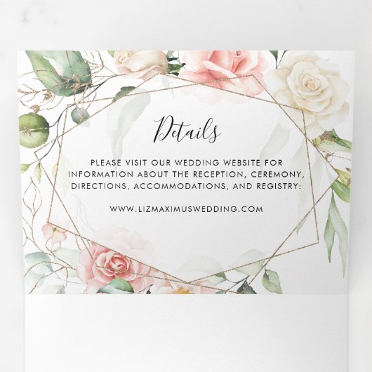 Geometrisch Gouden Bladerenbruiloft Drieluik Uitnodiging (Binnenzijde eerst)