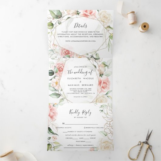 Geometrisch Gouden Bladerenbruiloft Drieluik Uitnodiging (Binnen)