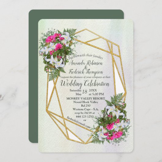 Geometrisch - Gouden Glitter Bloem Bruiloft Uitnod Kaart (Voorkant / Achterkant)