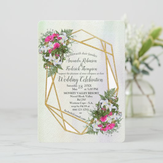 Geometrisch - Gouden Glitter Bloem Bruiloft Uitnod Kaart (Staand voorkant)