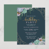 Geometrisch gouden Lijst & vetplanten verjaardagsf Uitnodiging Briefkaart (Voorkant / Achterkant)