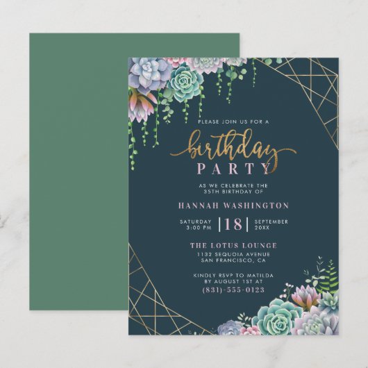 Geometrisch gouden Lijst & vetplanten verjaardagsf Uitnodiging Briefkaart (Voorkant / Achterkant)