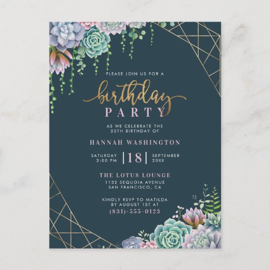 Geometrisch gouden Lijst & vetplanten verjaardagsf Uitnodiging Briefkaart (Voorkant)