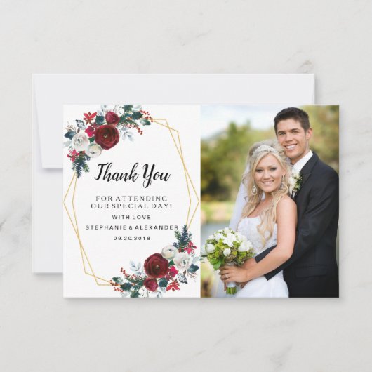 Geometrisch goudLijst Burgundy Winter Flowers Bedankkaart (Voorkant)