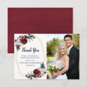 Geometrisch goudLijst Burgundy Winter Flowers Bedankkaart (Voorkant / Achterkant)