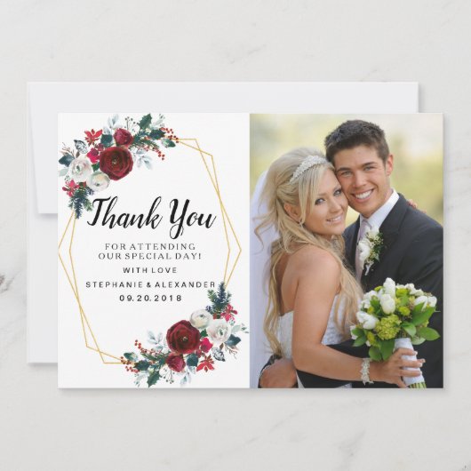 Geometrisch goudLijst Burgundy Winter Flowers Bedankkaart (Voorkant)