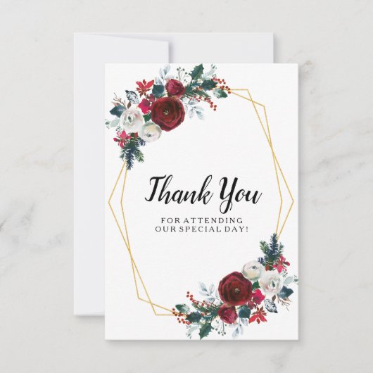 Geometrisch goudLijst Burgundy Winter Flowers Bedankkaart (Voorkant)