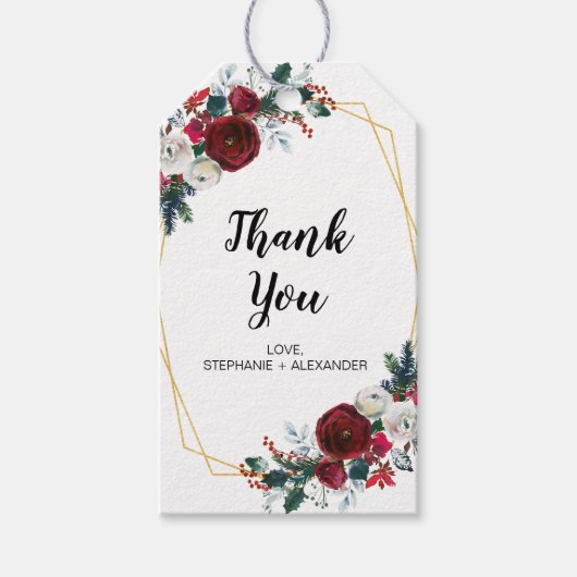 Geometrisch goudLijst Burgundy Winter Flowers Cadeaulabel (Voorkant)