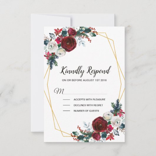 Geometrisch goudLijst Burgundy Winter Flowers RSVP Kaartje (Voorkant)
