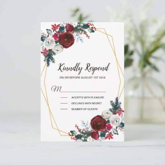 Geometrisch goudLijst Burgundy Winter Flowers RSVP Kaartje (Staand voorkant)
