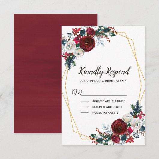 Geometrisch goudLijst Burgundy Winter Flowers RSVP Kaartje (Voorkant / Achterkant)
