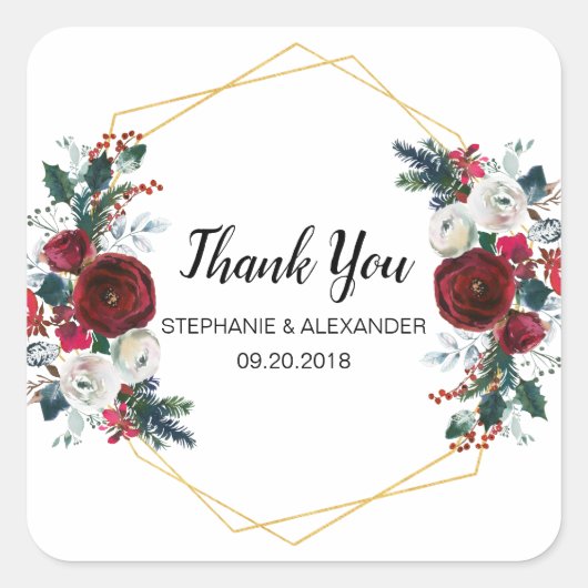 Geometrisch goudLijst Burgundy Winter Flowers Vierkante Sticker (Voorkant)