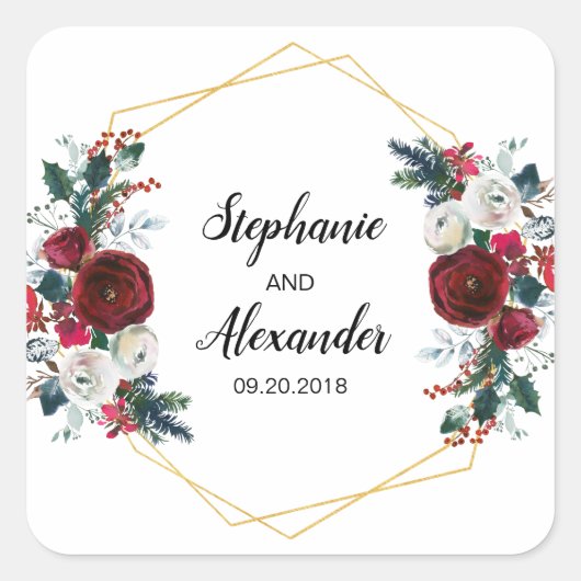 Geometrisch goudLijst Burgundy Winter Flowers Vierkante Sticker (Voorkant)