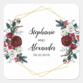 Geometrisch goudLijst Burgundy Winter Flowers Vierkante Sticker