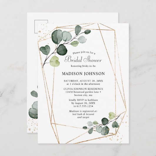 Geometrisch goudLijst EucalyptusVrijgezellenfeest Uitnodiging Briefkaart (Voorkant / Achterkant)