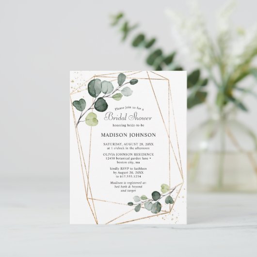 Geometrisch goudLijst EucalyptusVrijgezellenfeest Uitnodiging Briefkaart (Staand voorkant)