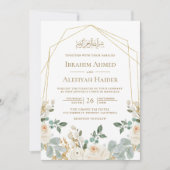 Geometrisch goudLijst Ivory Floral Islamic Wedding Kaart (Voorkant)