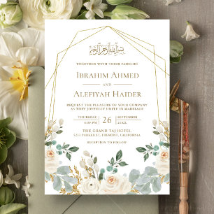 Geometrisch goudLijst Ivory Floral Islamic Wedding Kaart