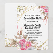 Geometrisch goudLijst Roze Floral Afstuderen Kaart (Voorkant / Achterkant)