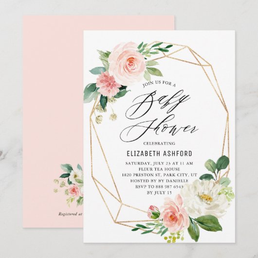 Geometrisch goudLijst Roze Florals Baby shower Kaart (Voorkant / Achterkant)
