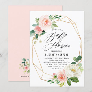Geometrisch goudLijst Roze Florals Baby shower Kaart