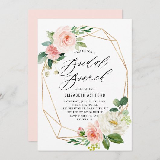 Geometrisch goudLijst Roze Florals Bridal Brunch Kaart (Voorkant / Achterkant)
