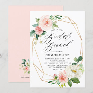 Geometrisch goudLijst Roze Florals Bridal Brunch Kaart
