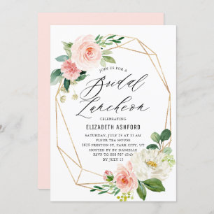 Geometrisch goudLijst Roze Florals Bridal Luncheon Kaart