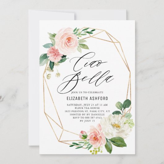 Geometrisch goudLijst Roze Florals Ciao Bella Kaart (Voorkant)