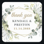 Geometrisch groen Elegant Gold Wedding Dank u Vierkante Sticker<br><div class="desc">Het ontwerp is voorzien van eucalyptus,  succulenten en groene elementen in stoffige paden en blauw/grijs met een bedrukt goudkleurig,  geometrisch terrariumgrens met lijst.</div>