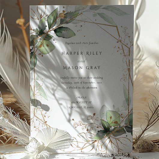 Geometrisch groen en Faux Gold bruiloft Kaart