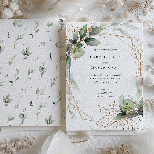 Geometrisch groen en Faux Gold bruiloft Kaart