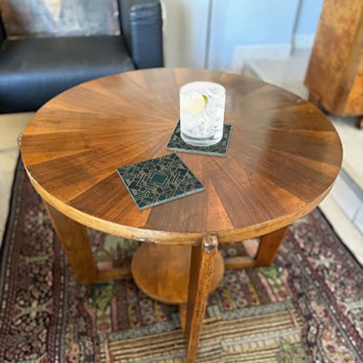 Geometrisch groen en goud glazen onderzetter