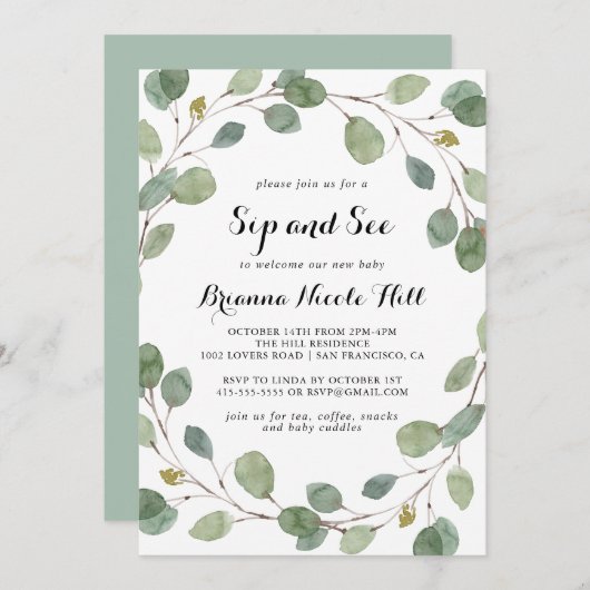 Geometrisch groen Eucalyptus Foliage Sip en See Kaart (Voorkant / Achterkant)